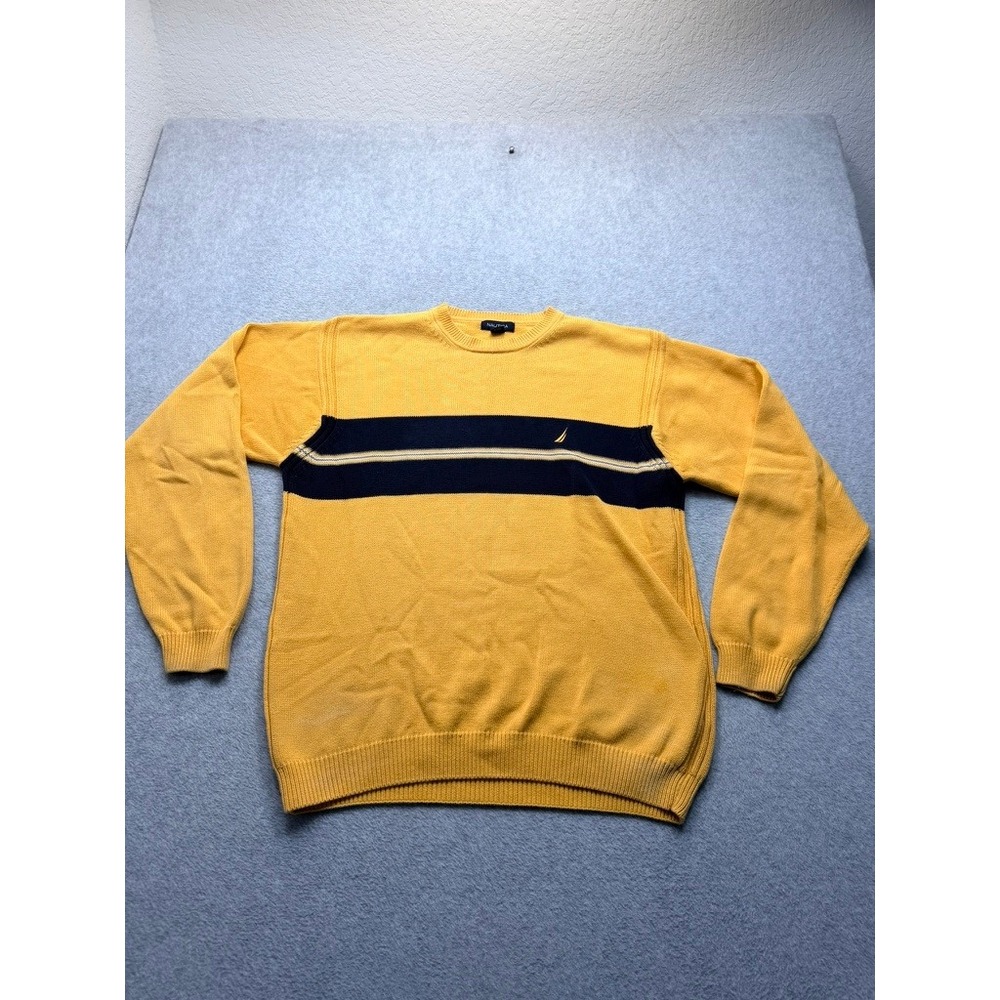 Nautica Mens Yellow Navy Blue Striped Crewneck Cotton Knit Sweater Large